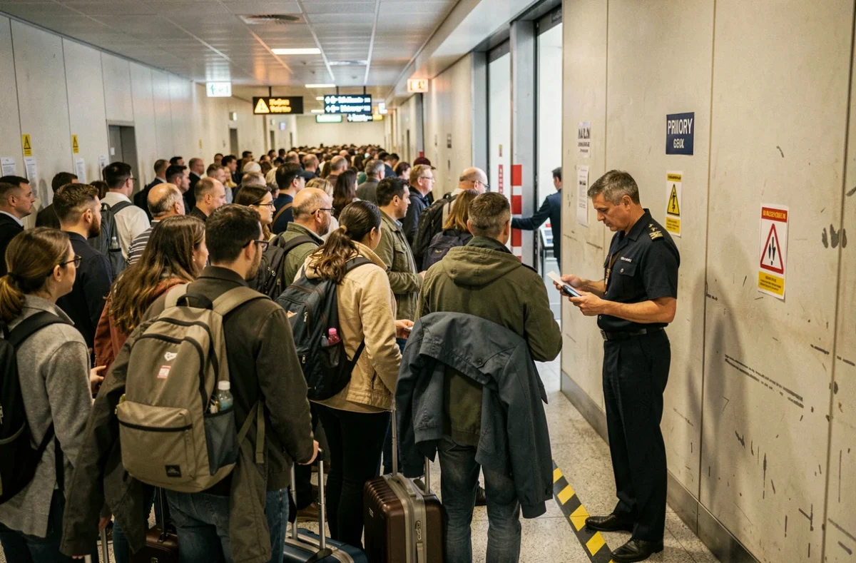 Groupe de passagers s'apprêtant à embarquer par la file prioritaire dans un aéroport bondé