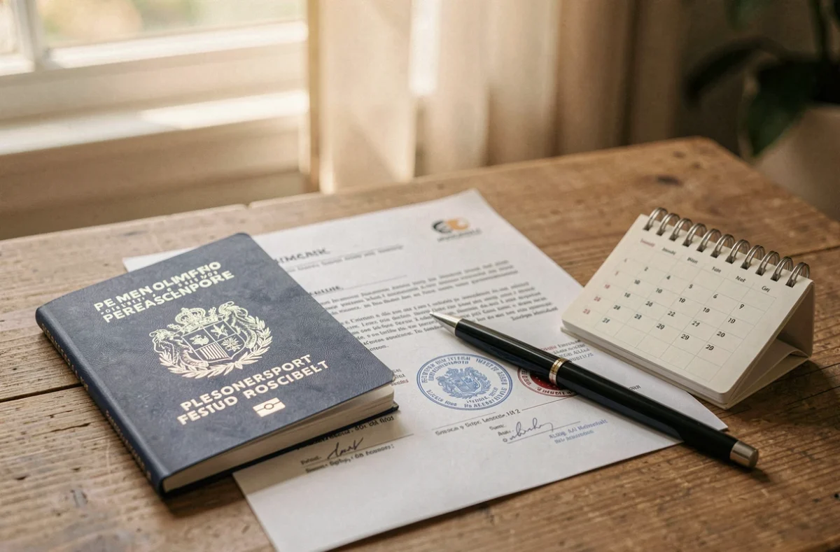 Passeport français, lettre de confirmation et calendrier d'été sur une table en bois