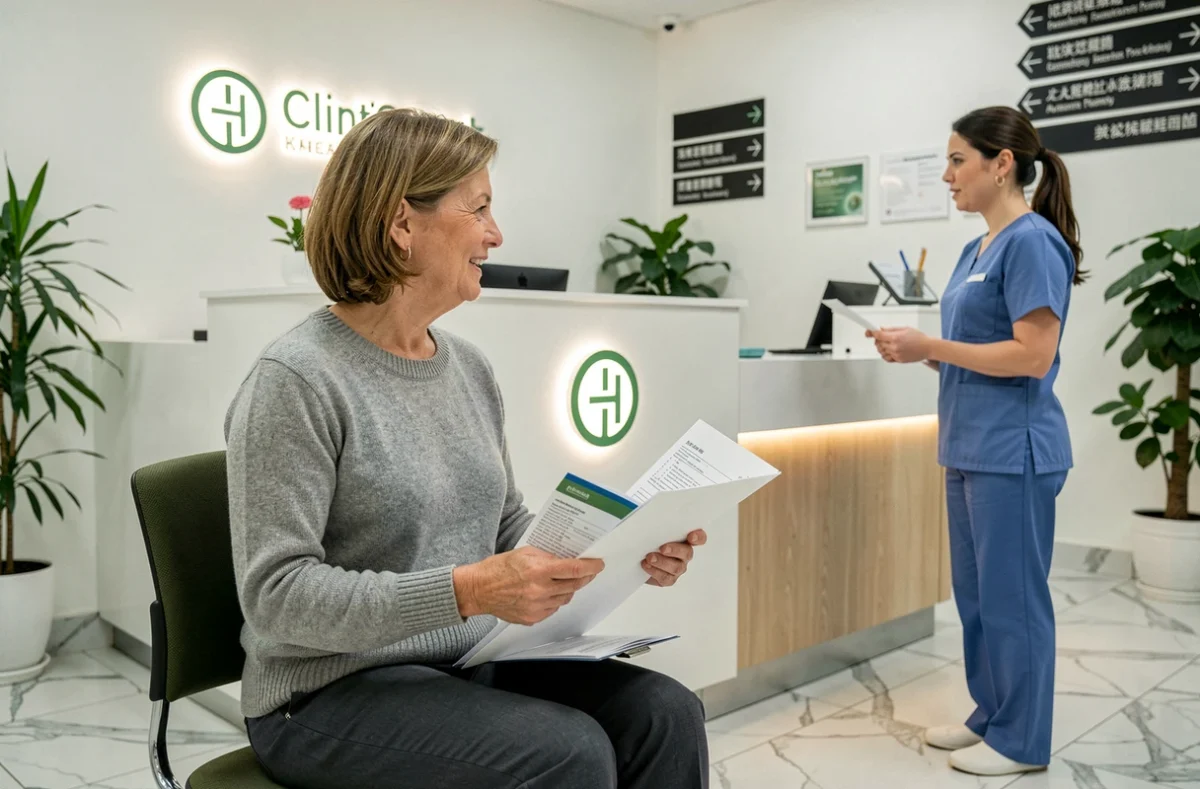 Patiente tenant ses dossiers médicaux traduits à la réception d'un hôpital international lors d'un voyage médical