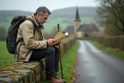 Pèlerin étudiant une carte d'itinéraire sur le chemin de Compostelle en Normandie pour éviter les étapes trop longues
