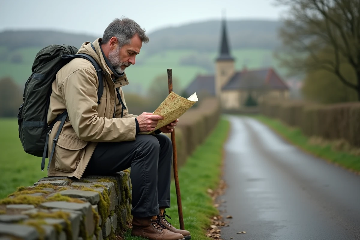Pèlerin étudiant une carte d'itinéraire sur le chemin de Compostelle en Normandie pour éviter les étapes trop longues