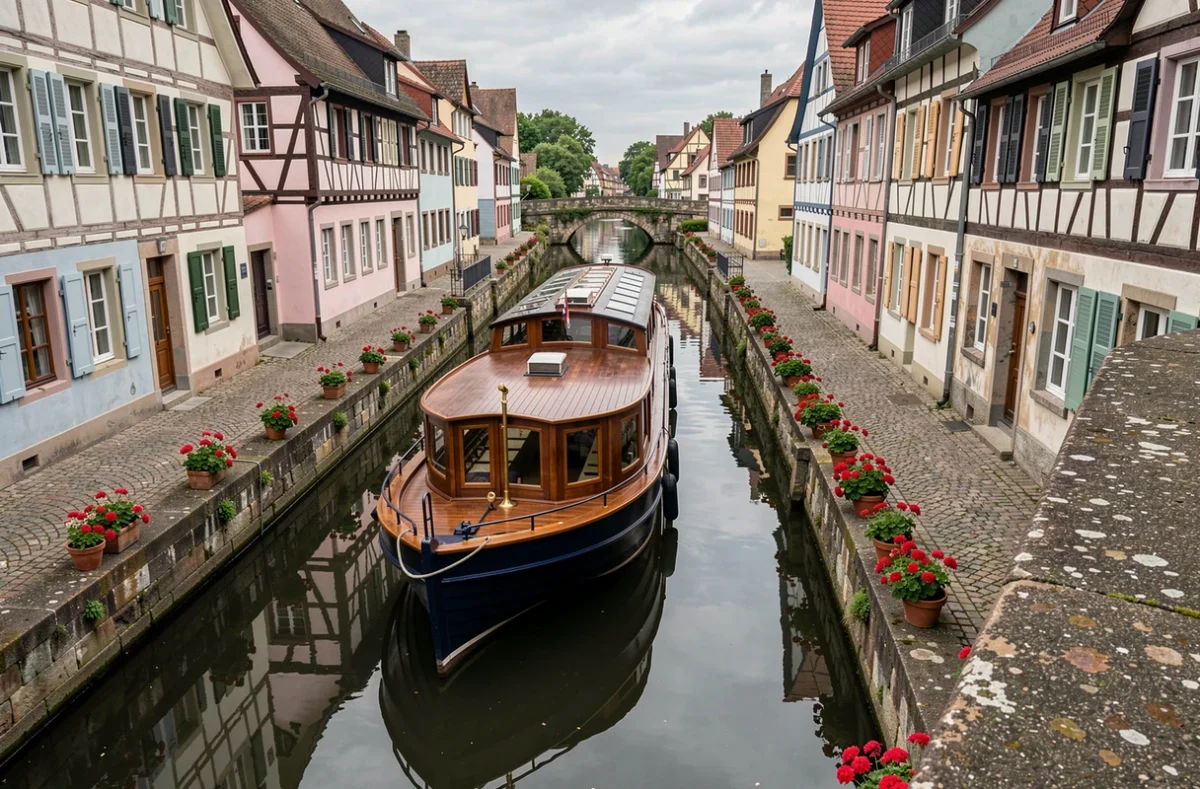 Péniche de croisière amarrée le long d'un canal alsacien avec des maisons à colombages colorées se reflétant dans l'eau à Strasbourg