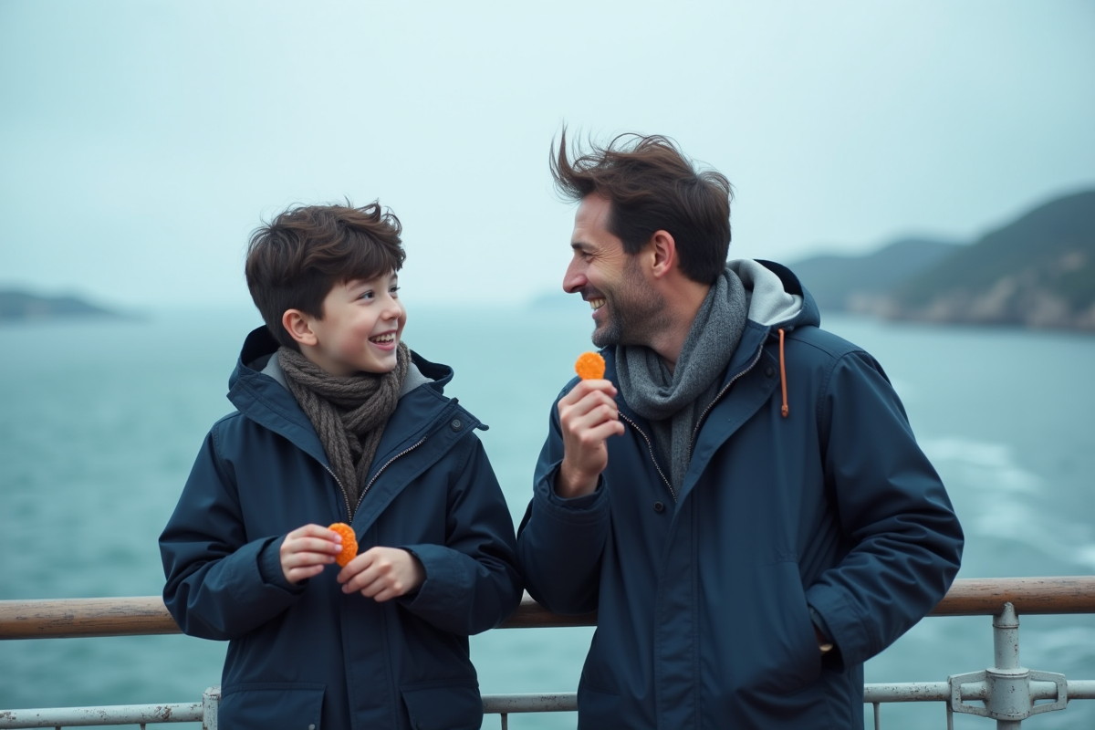 Pere et fils discutant sur le pont du ferry sous la pluie