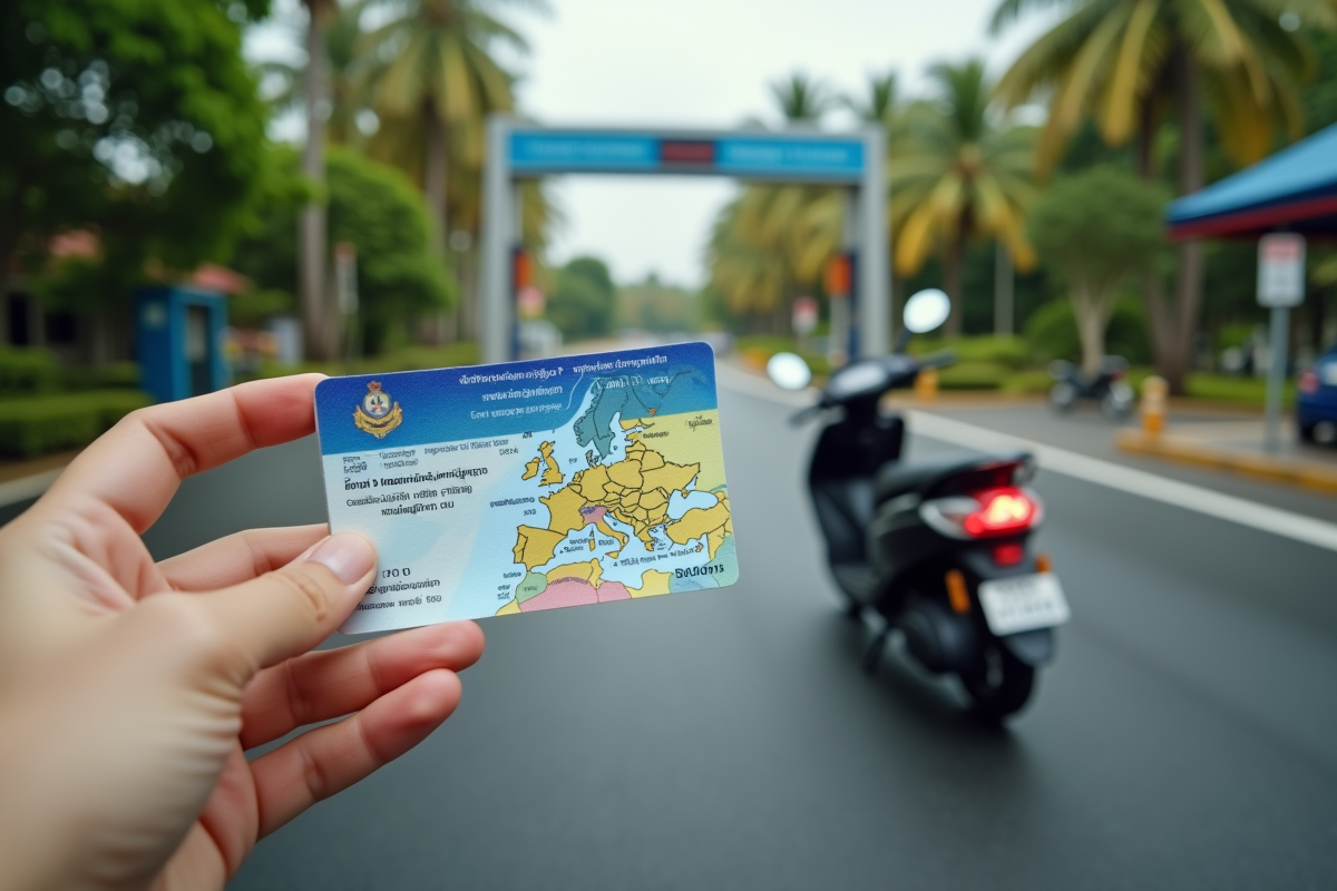Main tenant un permis de conduire devant un scooter en Thaïlande