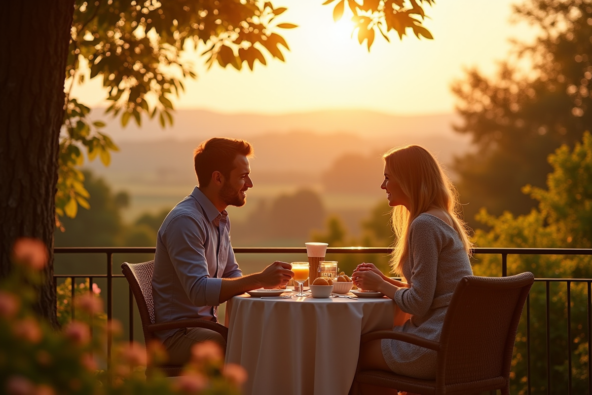 Couple romantique petit-dejeuner sur terrasse en Normandie