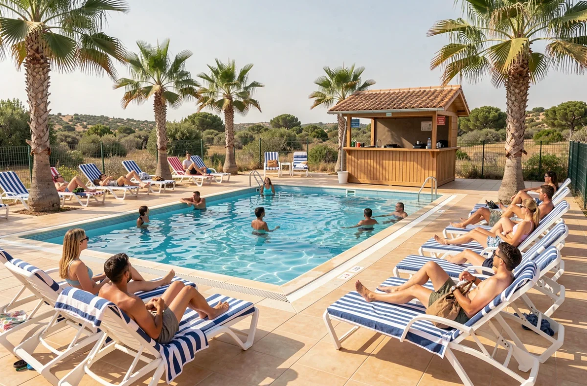 Piscine animée d'un village vacances près de Leucate avec transats et palmiers