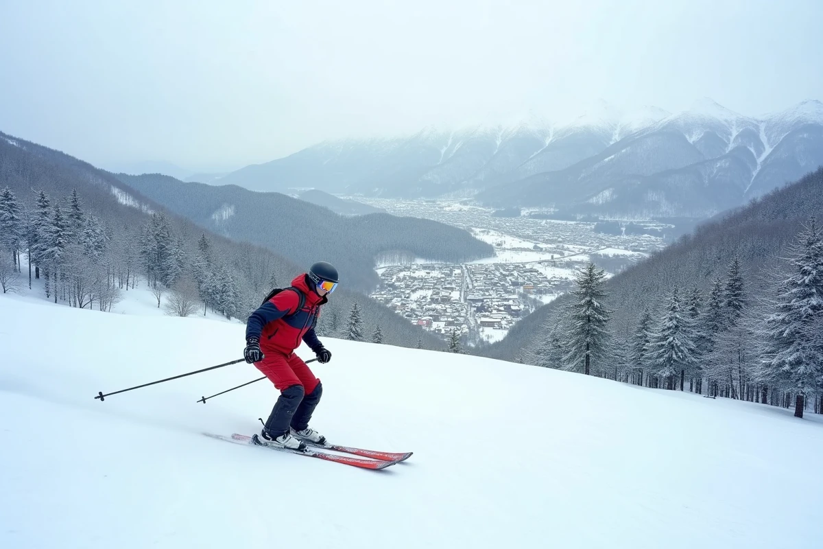 Skieur en veste rouge effectuant un virage sur une piste damée dans une station de ski japonaise avec forêts de pins enneigés et village traditionnel en contrebas