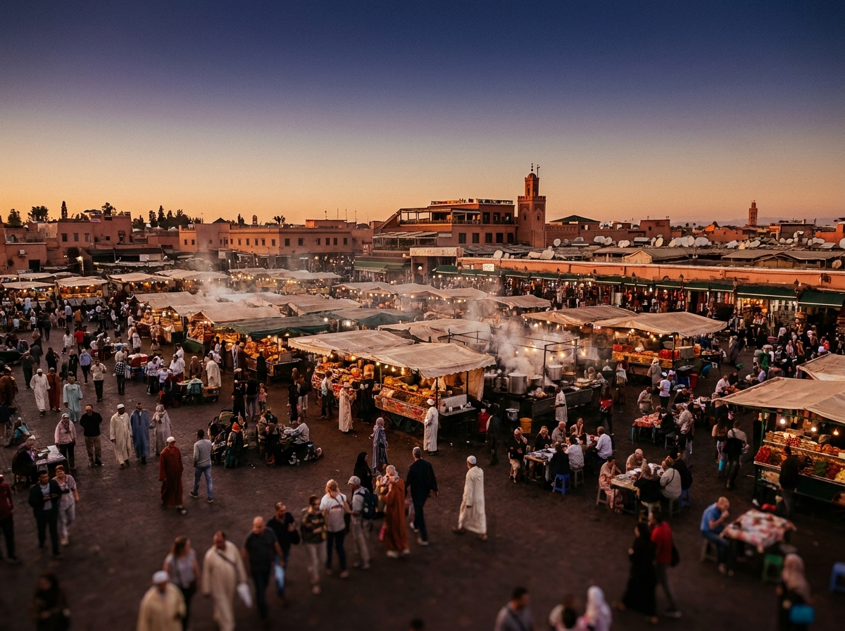 Place Djemaa el-Fna à Marrakech au crépuscule avec étals de nourriture traditionnelle et minaret de la Koutoubia en arrière-plan