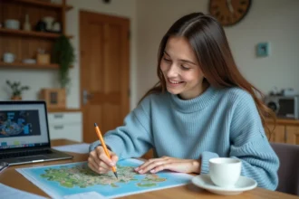 Femme consultant un plan Eurodisney imprimé à la maison avant son voyage