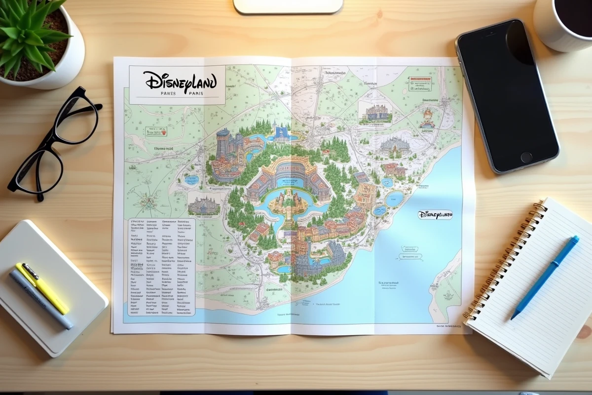 Plan Eurodisney imprimé en PDF posé sur un bureau avec surligneur et notes de voyage