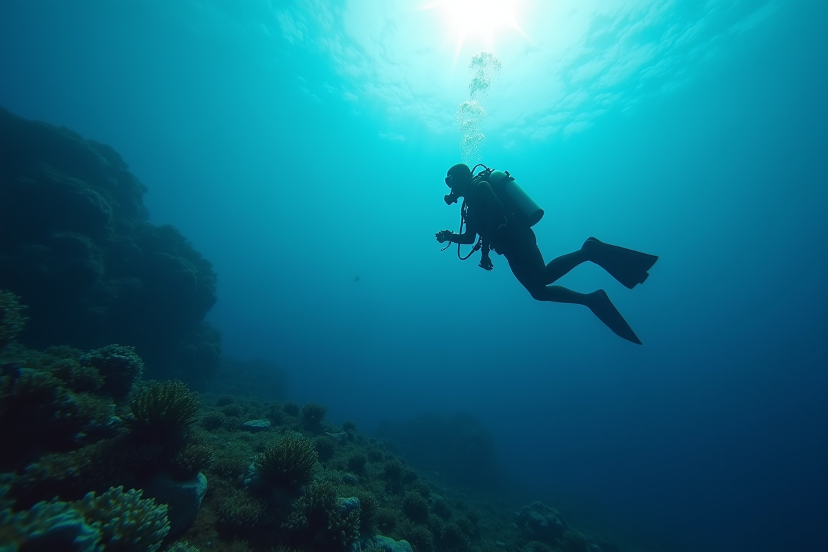 Plongeur seul sous l'eau avec lumière solaire et corail