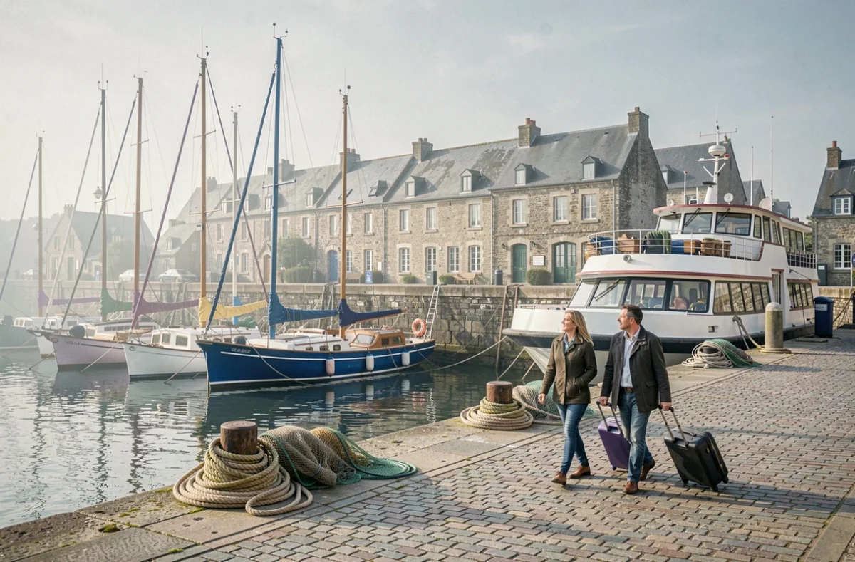 Port breton avec bateau de croisière amarré et voyageurs embarquant pour une mini croisière