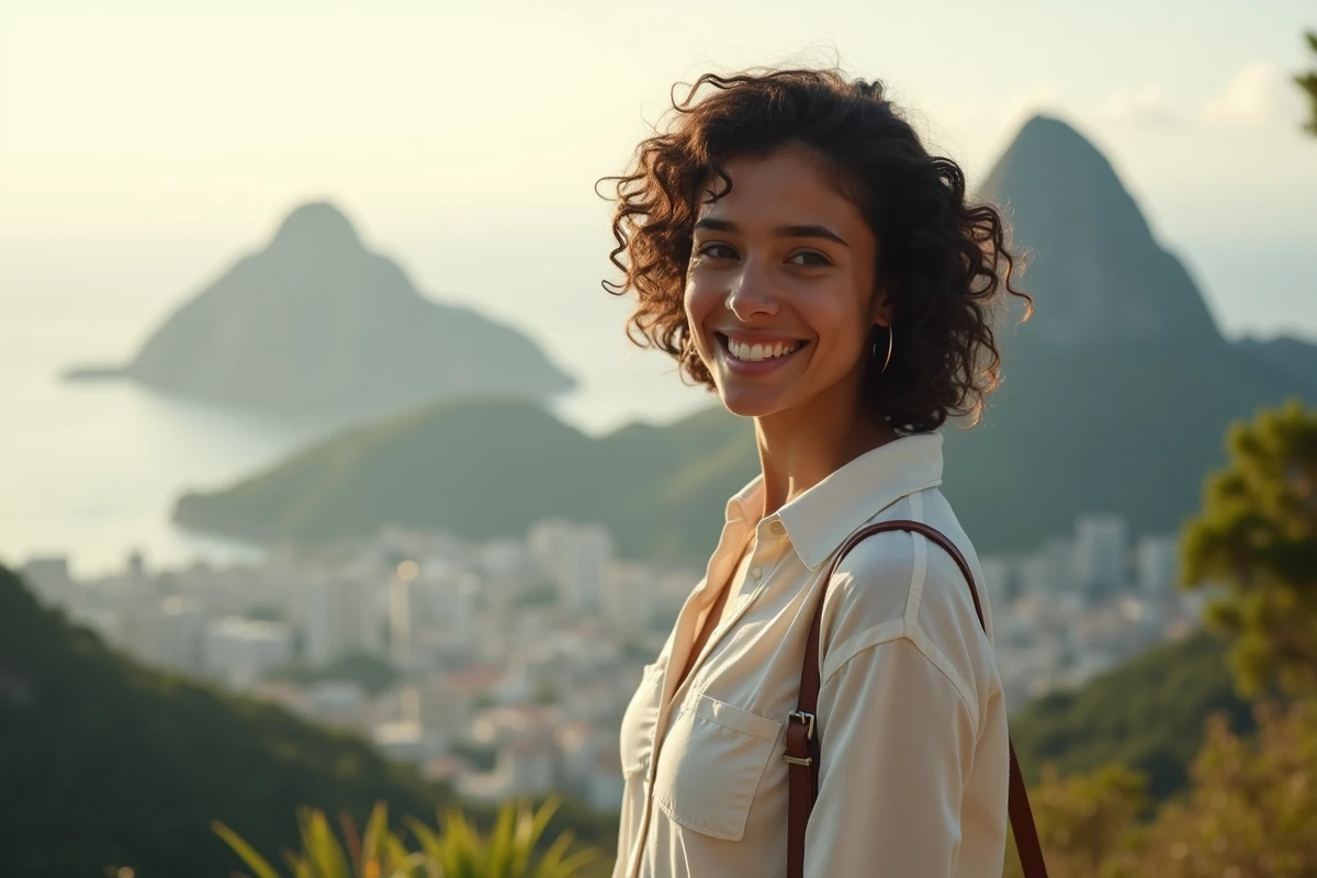 Portrait d'une jeune femme brésilienne souriante au sommet du Corcovado avec la statue du Christ Rédempteur en arrière-plan