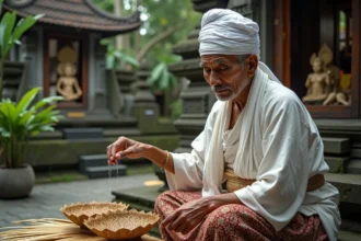 Prêtre balinais en prière dans un temple avec offrandes