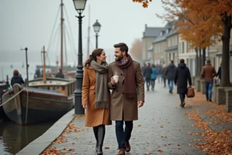 Couple en promenade automnale sur les quais de Saint-Valery-sur-Somme avec bateaux de pêche et feuillage coloré