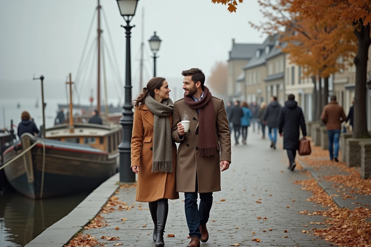 Couple en promenade automnale sur les quais de Saint-Valery-sur-Somme avec bateaux de pêche et feuillage coloré