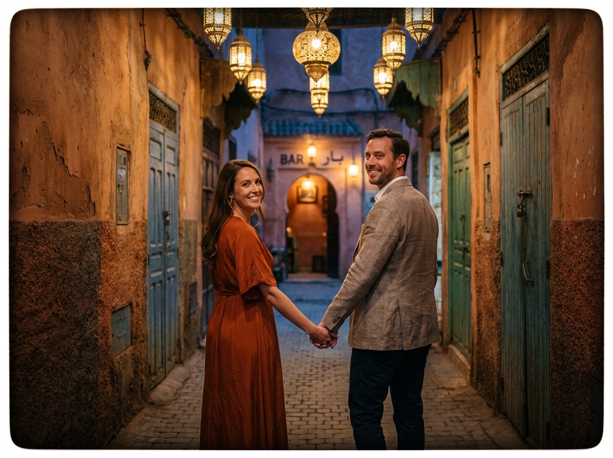 Couple élégant se promenant dans une ruelle illuminée de la médina de Marrakech la nuit avec des lanternes en laiton