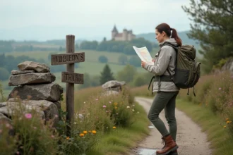 Jeune femme avec carte sur chemin de Santiago