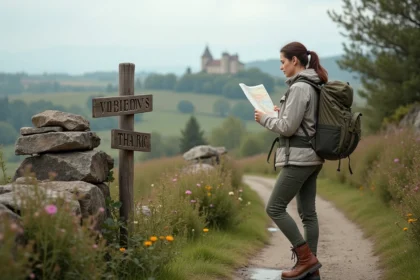Jeune femme avec carte sur chemin de Santiago