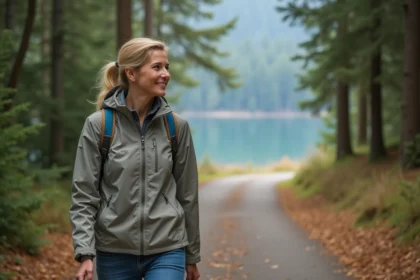 Femme souriante en randonnée au lac Gérardmer