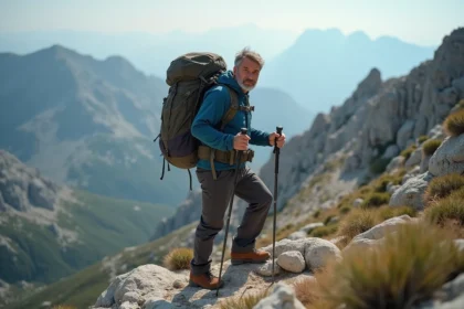 Hiker masculin sur une crête corse avec paysage rocheux