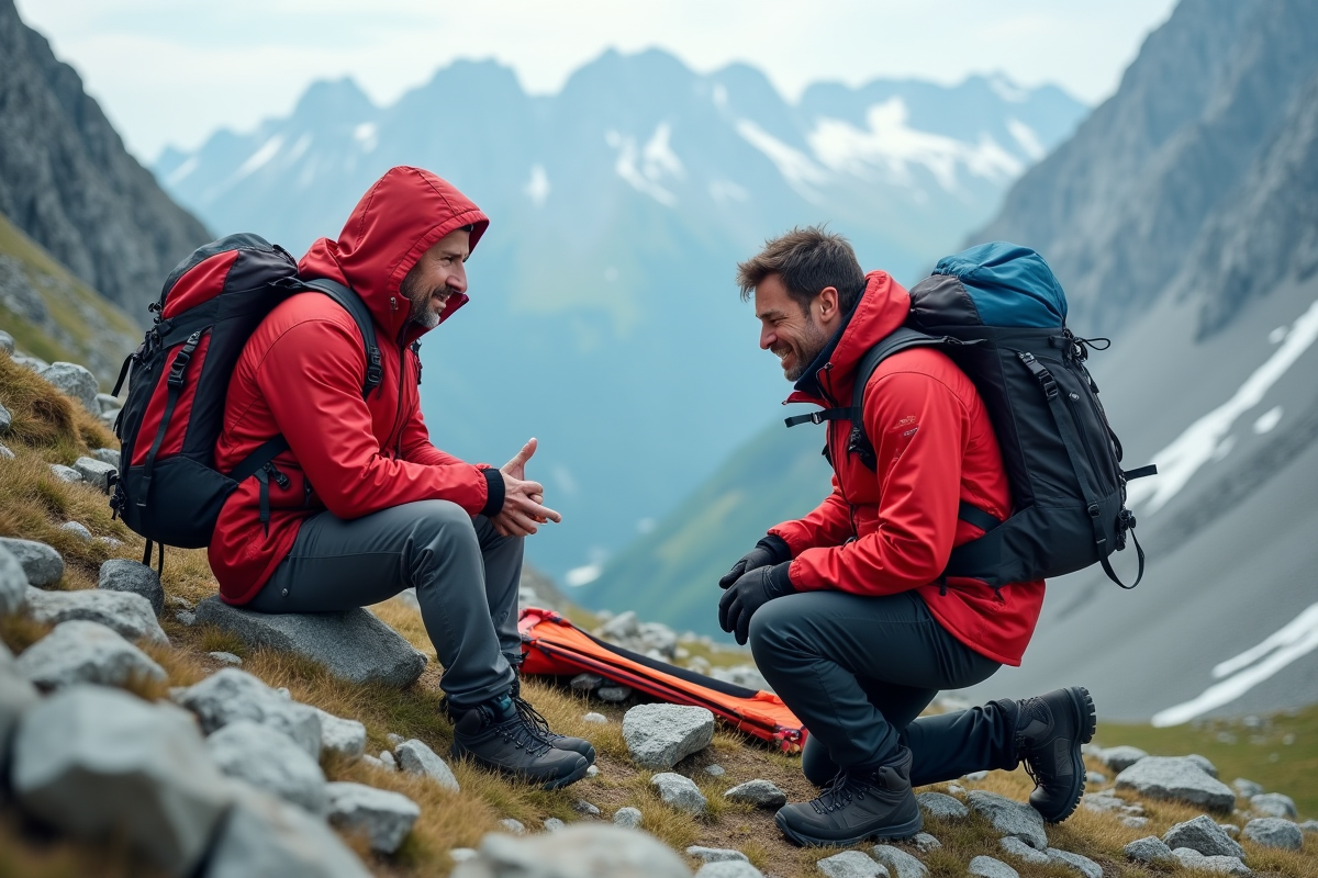 Hiker assis avec secouriste en montagne enneigee