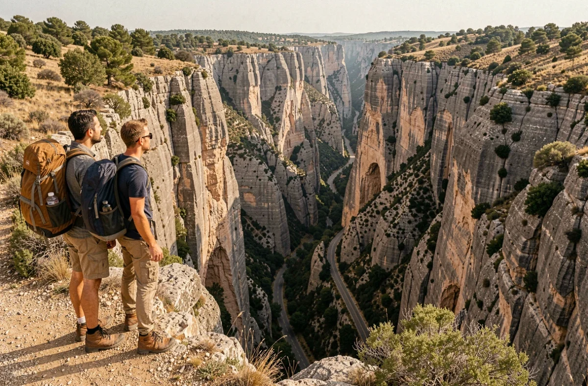 Deux randonneurs au bord des Gorges de la Nesque dans le Vaucluse pour un week-end aventure