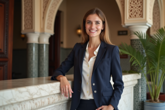 Réceptionniste marocaine souriante dans le lobby de l'hôtel