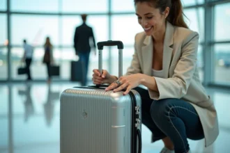Femme réglant le code valise Delsey dans un terminal d'aéroport moderne
