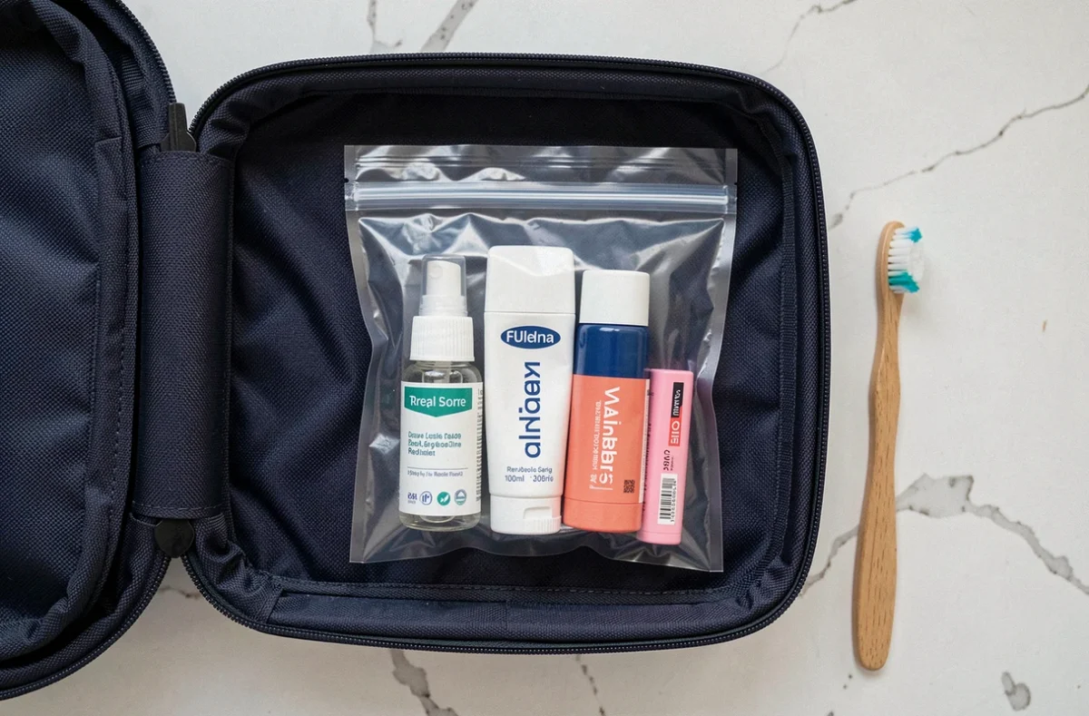 Vue du dessus d'une valise cabine avec sac de produits de toilette transparent contenant un tube de dentifrice voyage