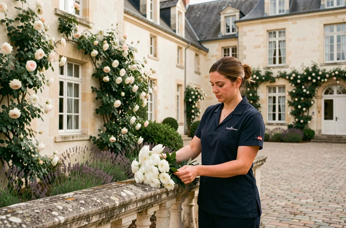 Cour intérieure du Relais et Château Louise de La Vallière à Reugny avec pierre de tuffeau et roses grimpantes