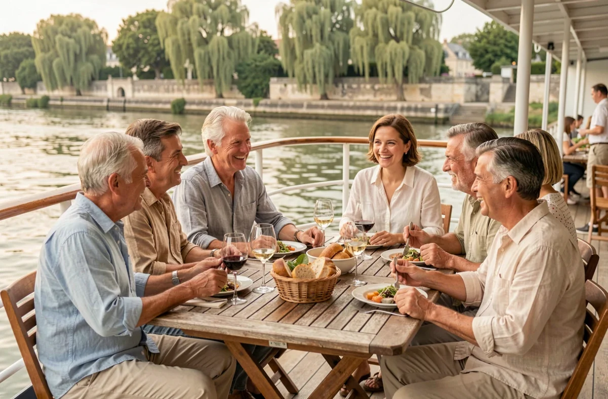 Passagers profitant d'un repas en terrasse sur le pont d'un bateau de croisière sur le Rhône