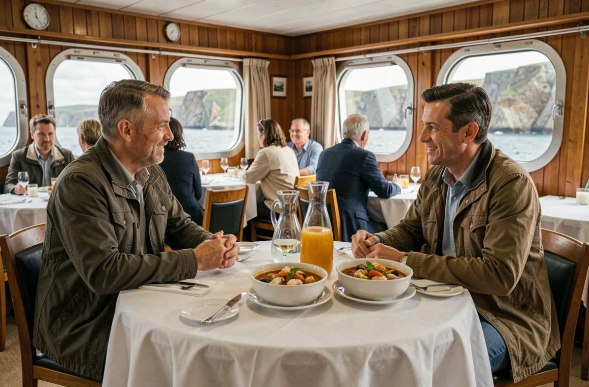 Salon restaurant d'un bateau de mini croisière en Bretagne avec repas de fruits de mer traditionnels