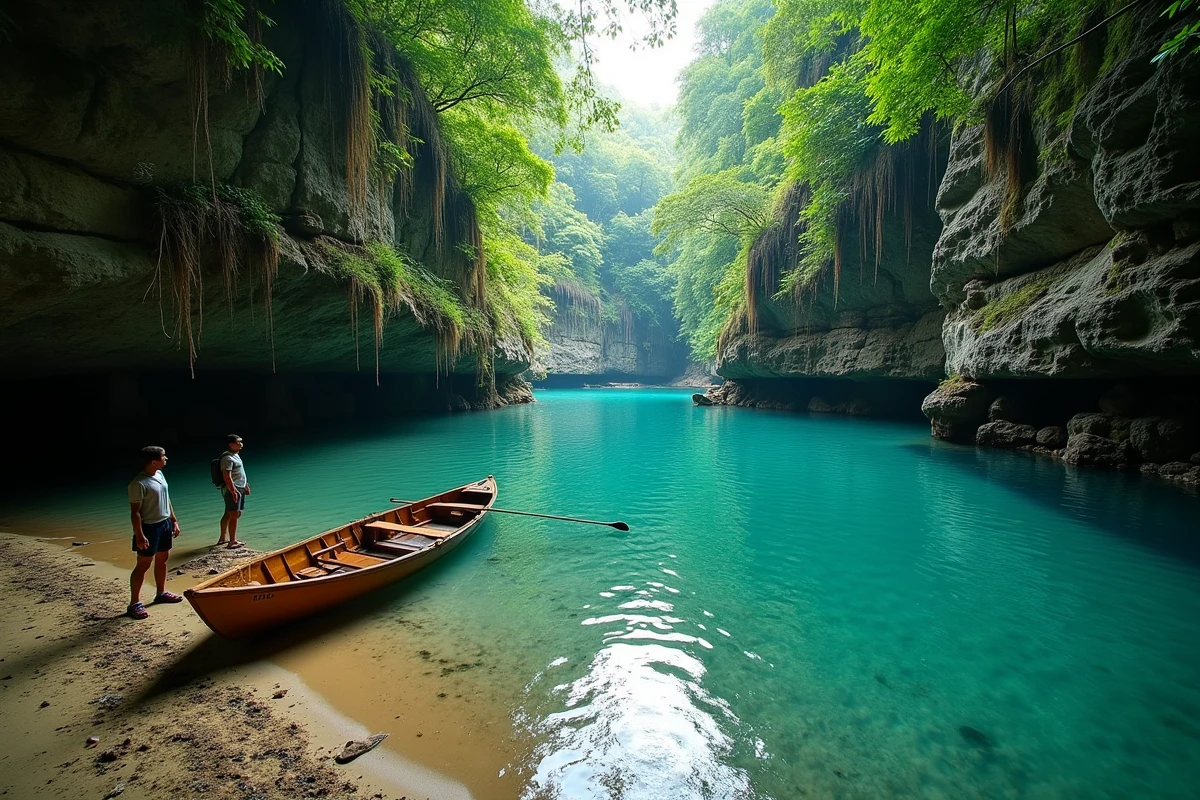 Vue panoramique de la rivière enchantée d'Hinatuan à Mindanao avec ses eaux bleu profond traversant une jungle tropicale luxuriante