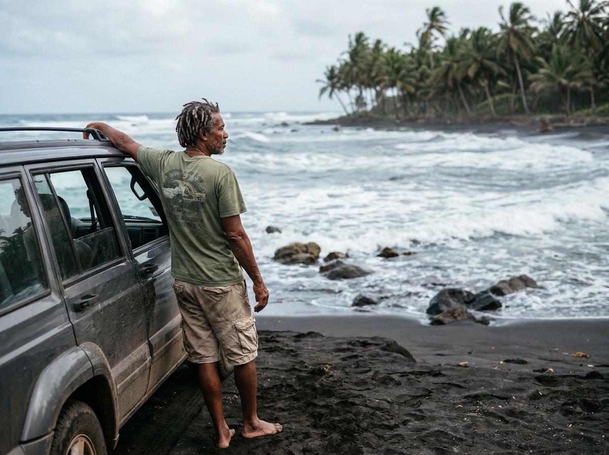 Homme en road trip debout devant une plage de sable noir volcanique en Guadeloupe côté Basse-Terre avec son 4x4 garé à ses côtés