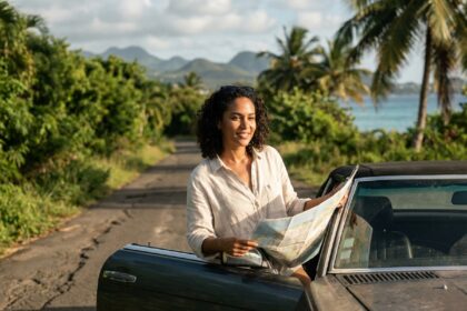Femme en road trip sur une route côtière de Guadeloupe tenant une carte routière près de sa voiture avec vue sur la mer des Caraïbes