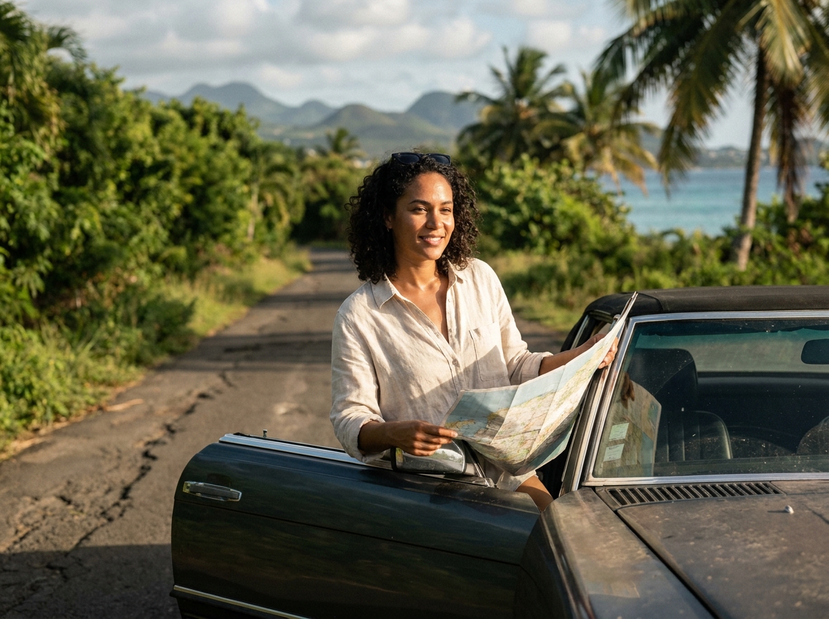 Femme en road trip sur une route côtière de Guadeloupe tenant une carte routière près de sa voiture avec vue sur la mer des Caraïbes
