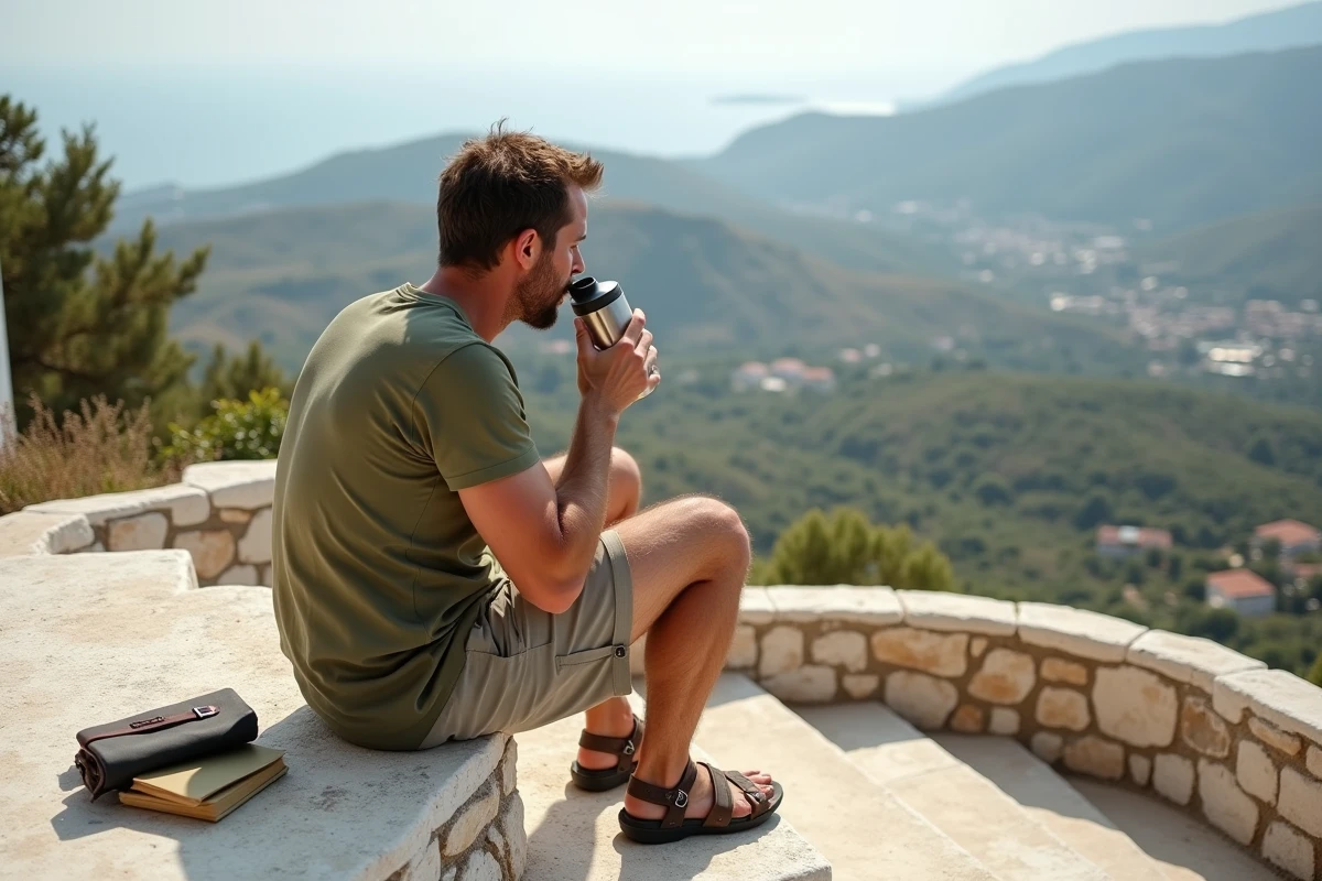 Voyageur faisant une pause café sur les marches d'une chapelle byzantine à Kythira avec vue panoramique sur les collines grecques