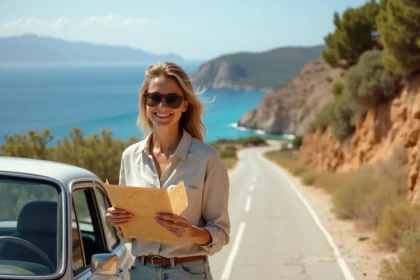 Femme consultant une carte routière appuyée contre une voiture de location sur une route côtière de Kythira en Grèce