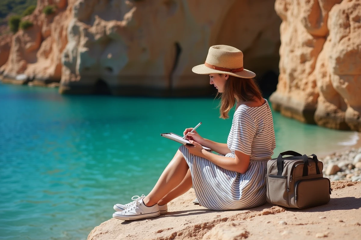 Femme écrivant dans son journal de voyage sur la plage de Kaladi à Kythira avec ses falaises rouges et l'eau turquoise