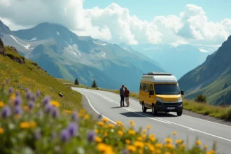Route sinueuse menant au col du Petit-Saint-Bernard en Haute-Tarentaise, avec un van vintage garé sur un belvédère et des prairies alpines fleuries en arrière-plan