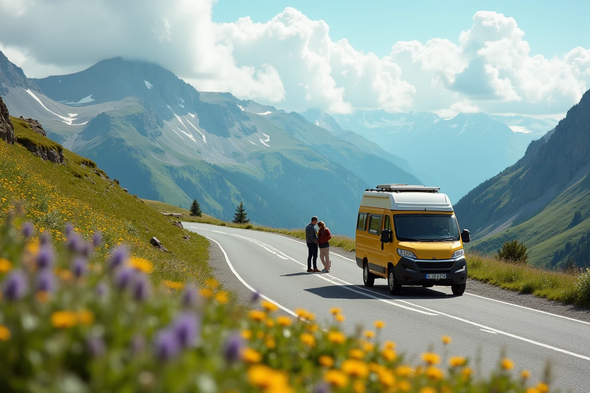 Route sinueuse menant au col du Petit-Saint-Bernard en Haute-Tarentaise, avec un van vintage garé sur un belvédère et des prairies alpines fleuries en arrière-plan