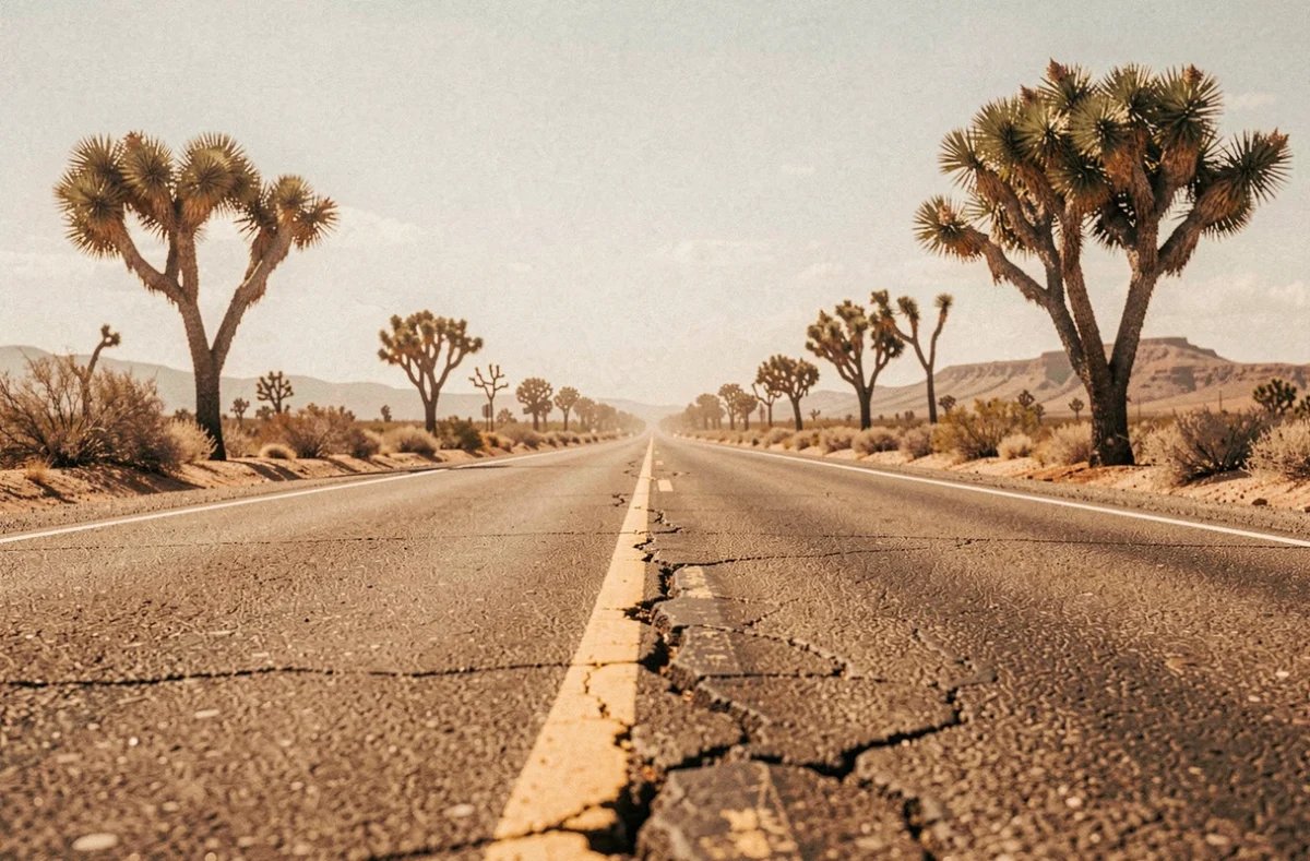 Route désertique entre Las Vegas et Los Angeles avec arbres de Josué et asphalte fissuré sous un ciel américain