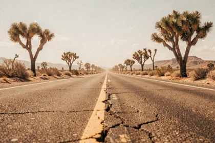 Route désertique entre Las Vegas et Los Angeles avec arbres de Josué et asphalte fissuré sous un ciel américain