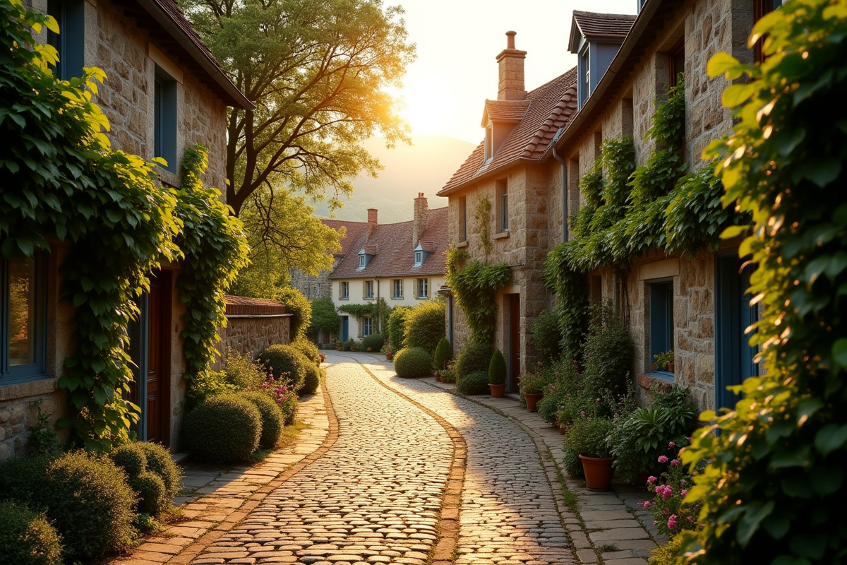 Rue pavée village normand avec cottages en pierre