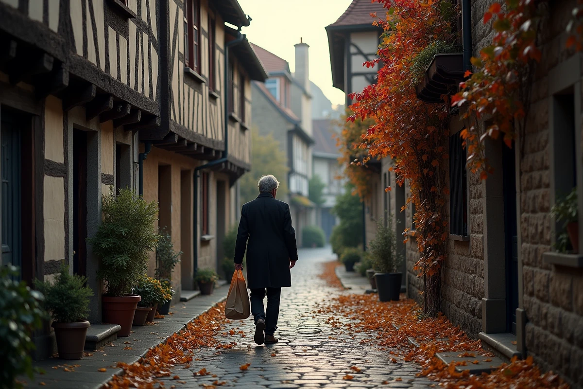 Ruelle médiévale pavée de Saint-Valery-sur-Somme en automne avec maisons à colombages et feuilles dorées au sol