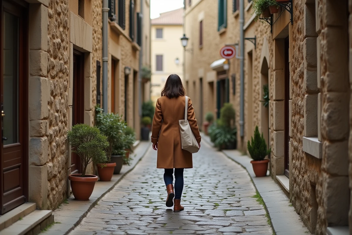 Ruelle pavée du vieux village circulaire de Gruissan en hiver avec une femme se promenant seule