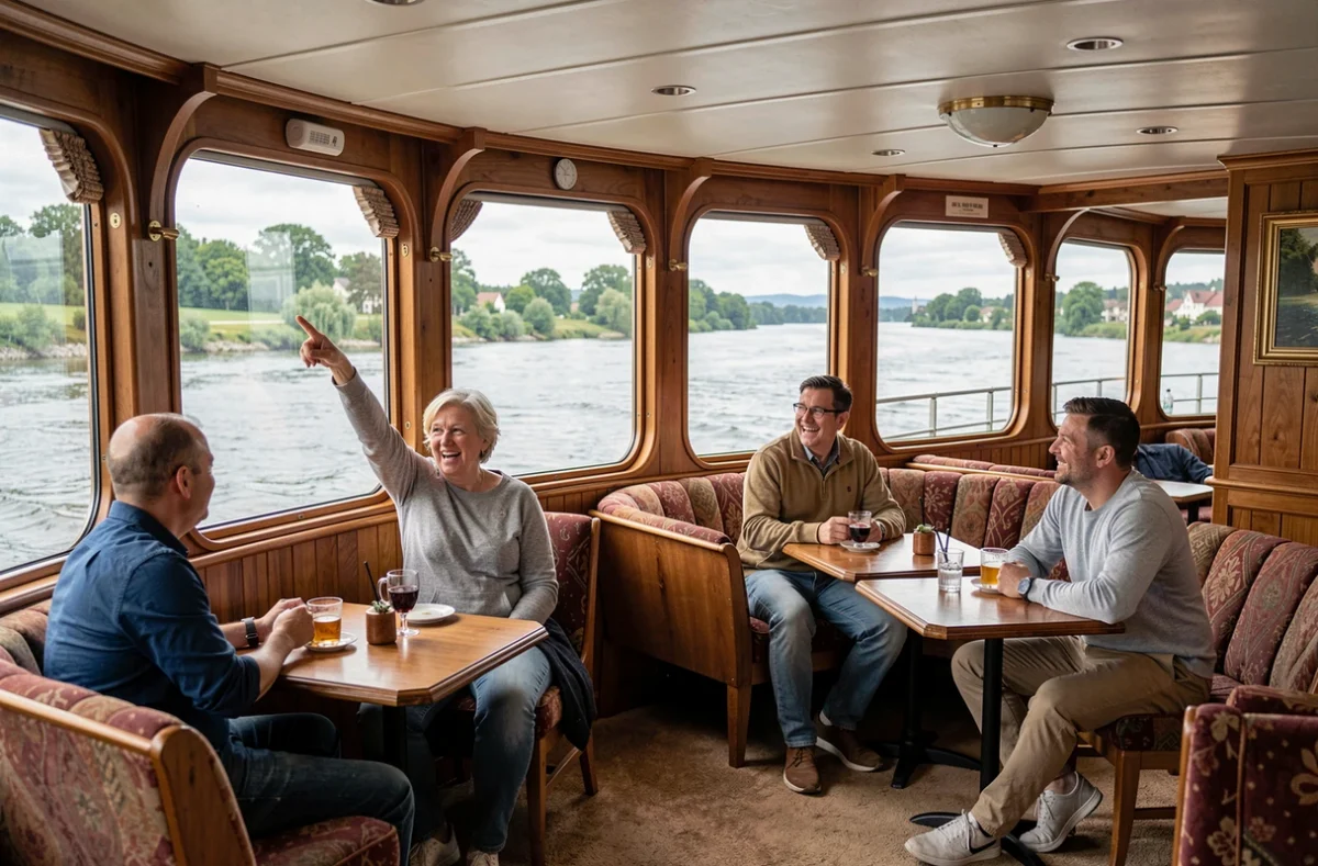 Salon intérieur d'un bateau de croisière fluviale avec passagers profitant de la vue panoramique sur le fleuve