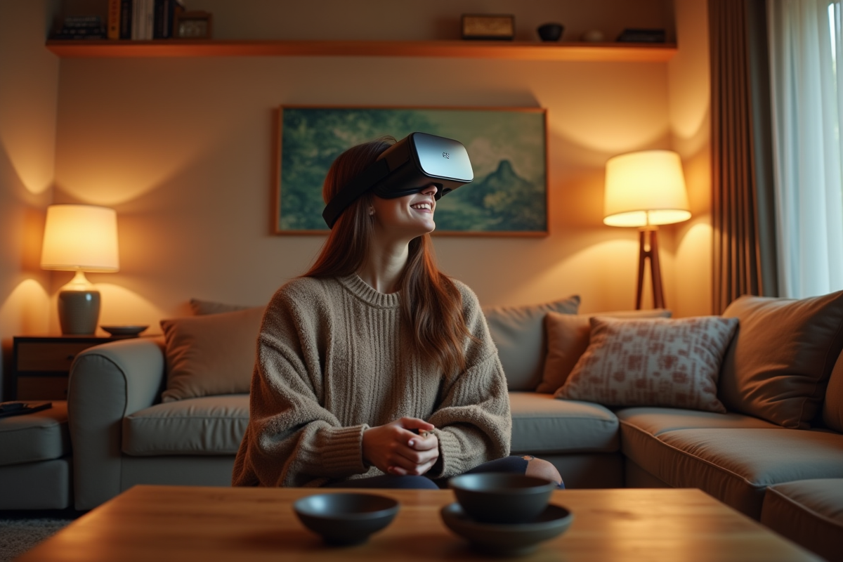 Salon cosy avec personne en réalité virtuelle et decor japonais authentique