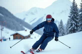 Skieur dévalant une piste damée à La Plagne avec un panorama alpin enneigé et des remontées mécaniques en arrière-plan